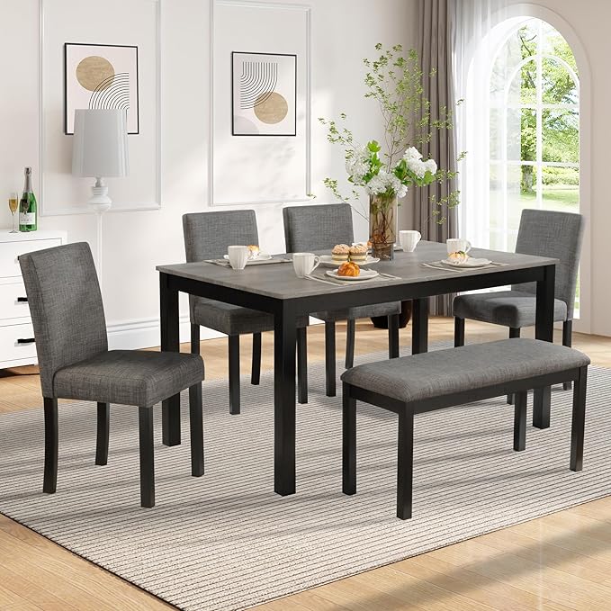 KEIKI 6-Piece Standard Height Dining Table Set with Rectangular Table, 4 Upholstered Curved Backrset Chair, Bench, for 6 Person, Modern Table Set, Easy Assembly, for Kitchen, Dining Room, Black+Gray