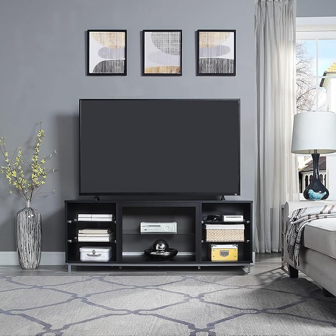 Manhattan Comfort Brighton 60" TV 7 Shelves, Tempered Glass Dividers and Media Wire Management, Modern Free-Standing Entertainment Center for Living Room, Fits up to 56" Television, OneSize, Onyx