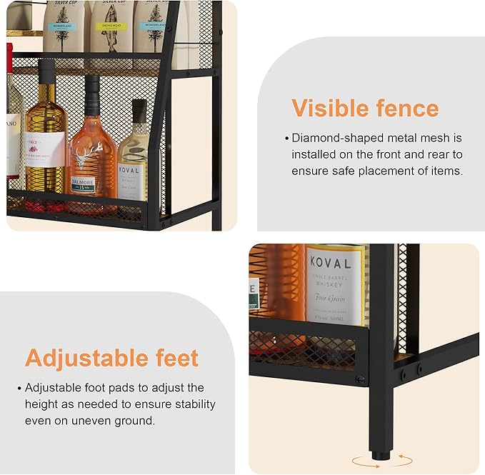 Liquor Cabinet Bar for Home with Drawer, 3-Tier Wine Rack Freestanding Floor and Wine Shelf with Step Design for Whiskey, Spirits, Vintage Mini Bar for Kitchen Apartment