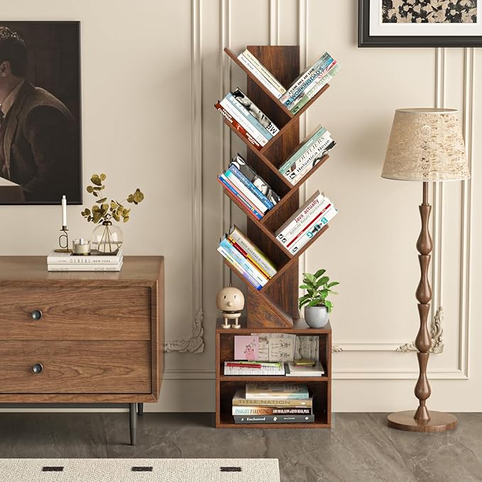 10 Tier Tree Bookshelf,Floor Standing Wood Tall Bookcase for Narrow Space, Storage Organizer Bookshelves for Books, Book Case for CDs/Movies/Books,Home Office,Living Room, Bedroom