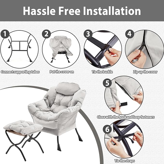 Lazy Chair with Folding Ottoman, Accent Chair Velvet Upholstered with Metal Structure and Non-Slip Pads, Sofa Armchair with Footrest and Side Storage Bag for Dorm, Room, Office, Light Gray