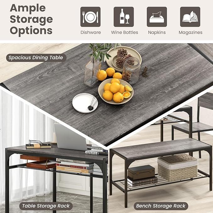 Giantex Dining Table Set for 4, Kitchen Table with Chairs & Bench, Storage Racks, Metal Frame, 4-Piece Space-Saving Dinette Set for Dining Room, Breakfast Nook, Small Space, Apartment, Grey