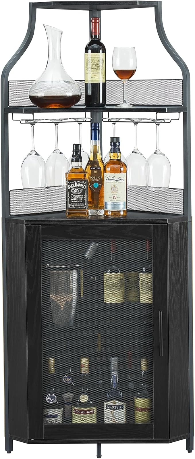 GarveeHome Corner Wine Cabinet with Detachable Wine Rack, 5-Tier Industrial Corner Bar Cabinet with Barn Door and Glass Holder, Farmhouse Buffet Cabinet and Home Bar, Black
