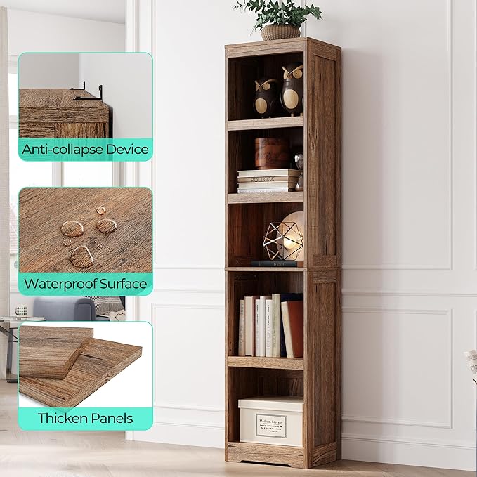 LINSY HOME 5-Shelf Bookcase, Narrow Bookshelves Floor Standing Display Storage Shelves 68 in Tall Bookcase Home Decor Furniture for Home Office, Living Room, Bed Room - Dark Brown