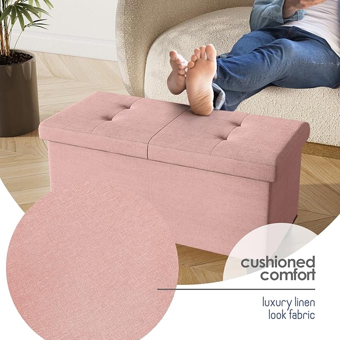 STORAGEBUD Storage Ottoman Bench with Bins, 30-in Storage Bench for Bedroom End of Bed, Folding Foot Rest Ottoman for Living Room Max 660lbs, Fabric Ottomans, Pink
