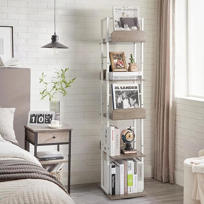 Bikoney Bookshelves 5-Tier, Rotating Bookshelf Tower for Corner, Small Narrow Bookcase, Tall Industrial Bookshelf, Wood and Metal White