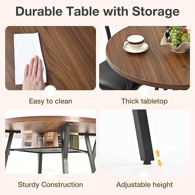 Pamapic Round Dining Table Set for 4, Kitchen Table and Chairs for 4, Dining Room Circle Dinner Pedestal Table, Solid Metal Frame,Space Saving Wood Kitchen & Dining Room Furniture,Walnut