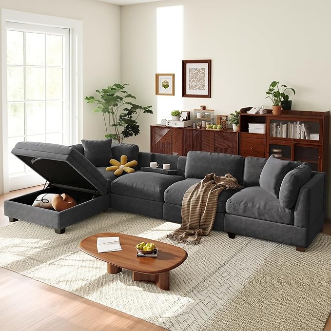 127.6 Inch 5-Seat Modular Convertible Sectional Sofa with Removable Storage Ottoman and 2 Hidden Cupholder, L-Shaped Upholstery Corner Couch for Living Room Apartment Office, Grey
