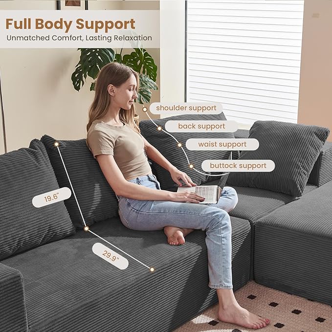 Modular Sectional Sofa, 108" L-Shaped Boneless Couch with Deep Seat, Corduroy Cloud Couch for Living Room, Bedroom, No Assembly Required, Ship in a Box, Grey