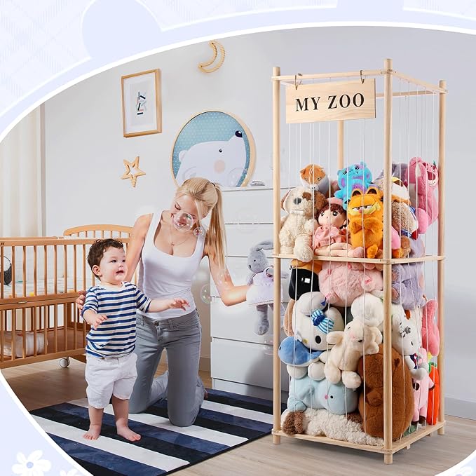 Stuffed Animal Storage Zoo, Wooden Stuffed Animal Organizer with Elastic Cords for Boys Girls, Space Saving Toy Plushies Storage Holder for Playroom, Bedroom, Living Room (Burlywood, Large)