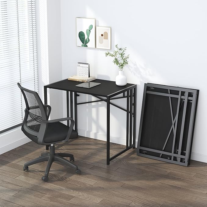 Lutown Teen Folding Computer Desk - 32 inch, Writing & Gaming, Small Space Office Desk, Black, No Assembly Required