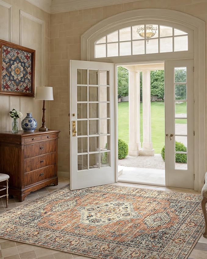 Lahome Oriental Washable Rugs for Living Room, 4x6 Bedroom Area Rug Ultra-Thin Soft Non Slip Stain Resistant Vintage Throw Carpet for ‎Office Dining Room, Peach/Orange