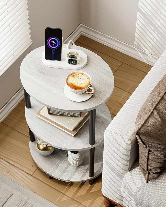 Small Round Side Table - 3-Tier Oval Accent Table for Small Spaces, Rustic Wood and Metal Nightstand for Living Room or Bedroom, Built-in USB Ports and Power Outlet, Greige