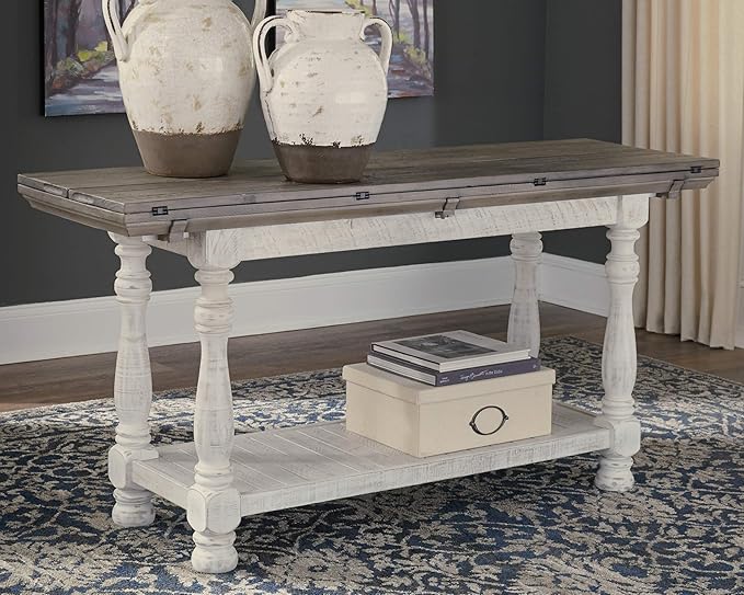 Signature Design by Ashley Havalance Farmhouse Sofa Table, Flip Top Design for Additional Dining Space and Fixed Lower Shelf, Gray & White with Weathered Finish