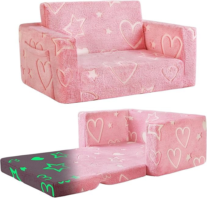 Toddler Chair Comfy,2-in-1 Soft Toddler Couch Fold Out for Kids,Convertible Sofa to Lounger,Gift for Girls and Boys Birthday,Heart,Large