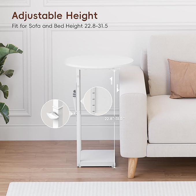 Vagusicc C Shaped End Table with Charging Station, 32" Tall Side Table for Couch and Recliner, Adjustable Height Small Couch Side Table Slide Under Sofa TV Tray Table for Living Room, Bedroom, White