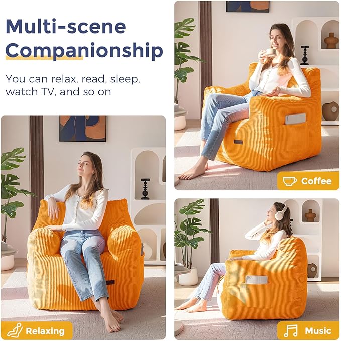 MAXYOYO Bean Bag Chair, Tufted Bean Bag Couch Lazy Chair, Living Room Sofa Couch with Filler for Adult Teens Kids, Corded Fabric Accent Sofa for Bedroom Dorm, Orange