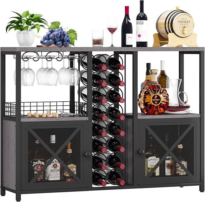 Homeiju Mini Bars for Home, Wooden Coffee Bar Cabinet, Modern Liquor Cabinet for Liquor and Glasses, Farmhouse Buffet Wine Bar Cabinet with Storage Sideboard for Home Kitchen Dining Room (Deep Grey)