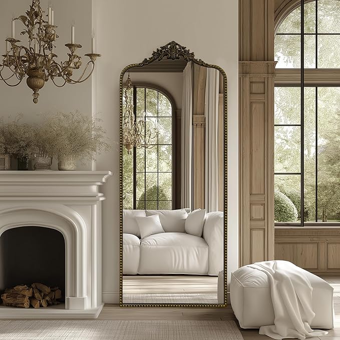 G-LEAF Vintage Baroque Full Length Floor Mirror 75"X30", Victorian Antique Mirror with Brush Black Ornate Metal Frame for Fireplace Entryway Living Room Hallway Bathroom