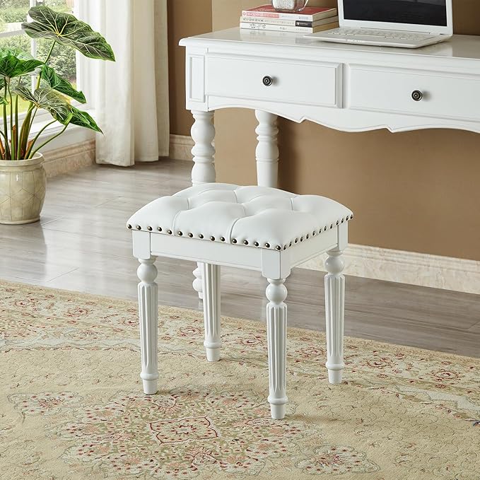 Vanity Bench Stool with Microfiber Leather Cushion, Vanity Chair Ottoman Dressing Stool with Solid Wood Legs for Bedroom, Makeup Room, Dressing Room (White)