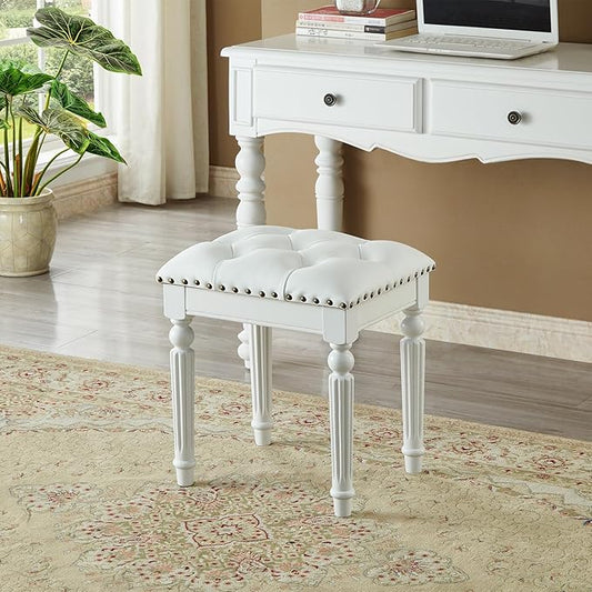 Vanity Bench Stool with Microfiber Leather Cushion, Vanity Chair Ottoman Dressing Stool with Solid Wood Legs for Bedroom, Makeup Room, Dressing Room (White)