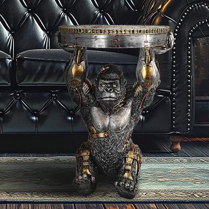Steampunk Gorilla Side Table Pedestal End Table Stool Resin Cyborg Monkey Sci-fi Statue Sculpture Hand Painted Collectible Figurine with Cool Gear for Home Man Cave Decor Silver