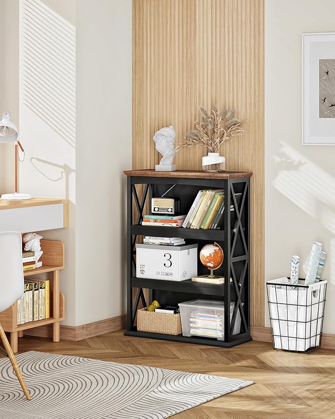 4-Tier Bookcase, 42.9" Floor Standing Organizer Shelf, Corner Book Stand, Metal Frame, for Study, Bedroom, Living Room, Black and Walnut TSJ01BL