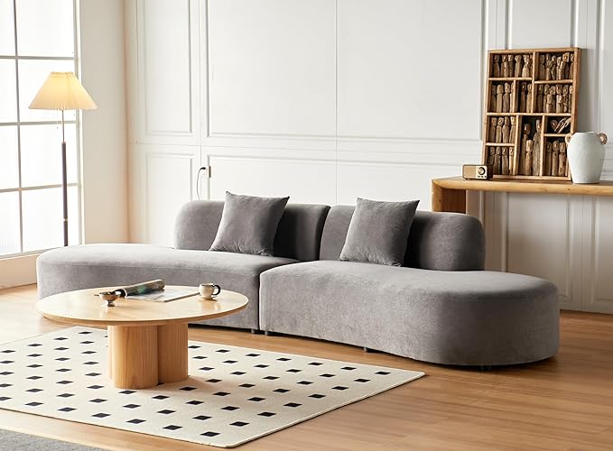 Container Furniture Direct 132" Curved Sofa with Throw Pillows, 6 Seater Luxury Velvet Couch with Half Moon Design and High-Density Foam, Ideal for Modern Living Room, Office & Apartment, Grey