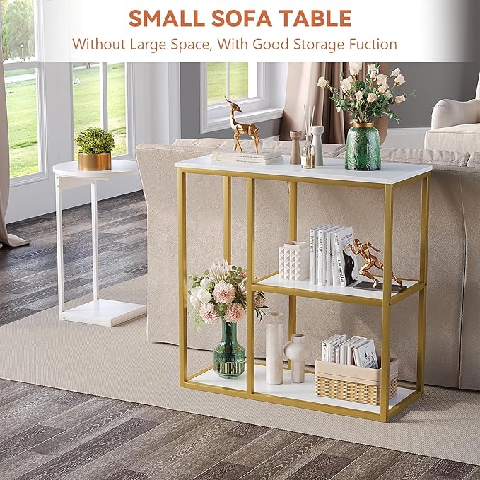 WOHOMO Console Table, Small Entryway Table with Storage Shelves 12'' Narrow Sofa Table Modern Hallway Table for Living Room 31.5" x12''x31.5'' White and Gold