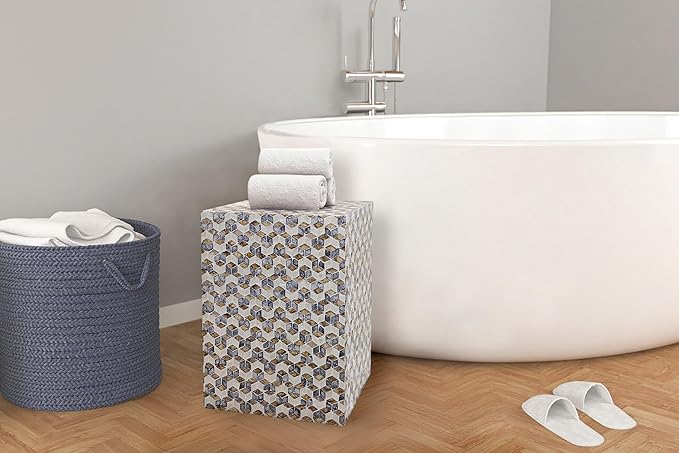 PEMAR Mother of Pearl Square Drum End Table Nacre Lacquer Side Bedside Accent Table and Vanity Stool for Living Room Bedroom (Geometric Cube)