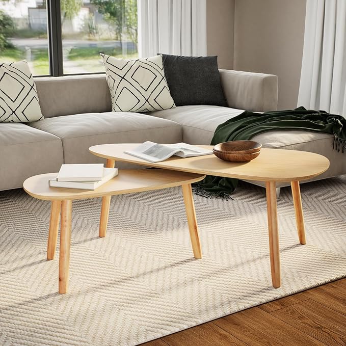 vidaXL Nesting Coffee Table 2 pcs, Side Tables with Solid Pine Wood Legs, Scandinavian Style End Table for Living Room, Brown