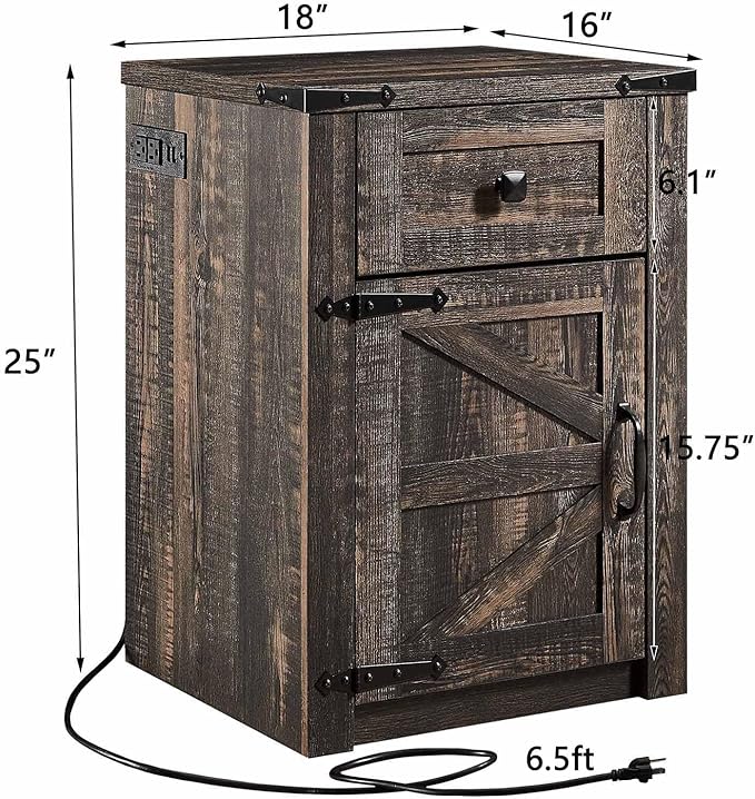 SOOWERY Nightstands Set of 2, Nightstand with Charging Station, Farmhouse End Table with Barn Door and Drawer, Rustic Wood Sofa Side Table for Bedroom, Living Room, Dark Rustic Oak
