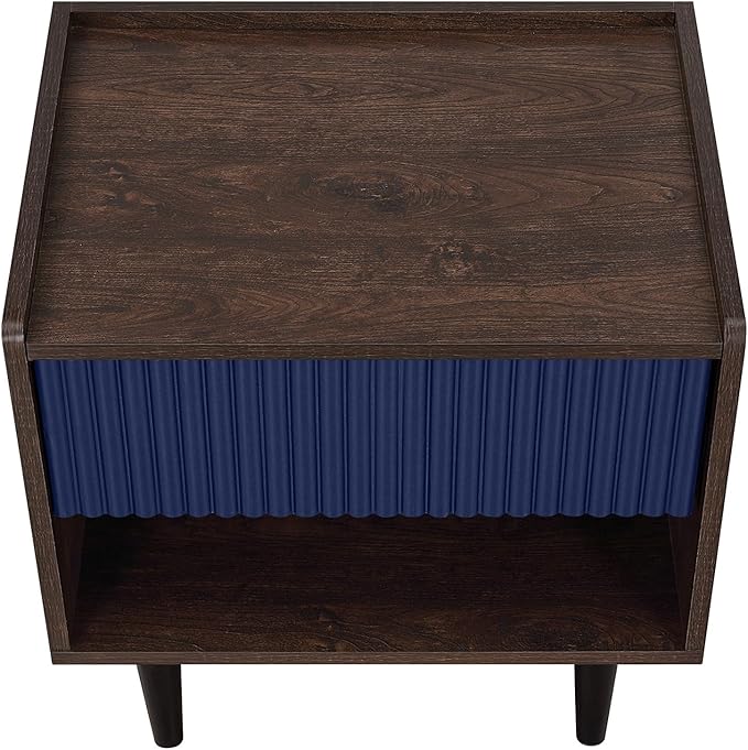 Manhattan Comfort Duane Modern Ribbed Nightstand, Bedside Table with Full Extension Drawer and Open Shelf, Industrial Chic Living Room and Bedroom Furniture, Navy Blue