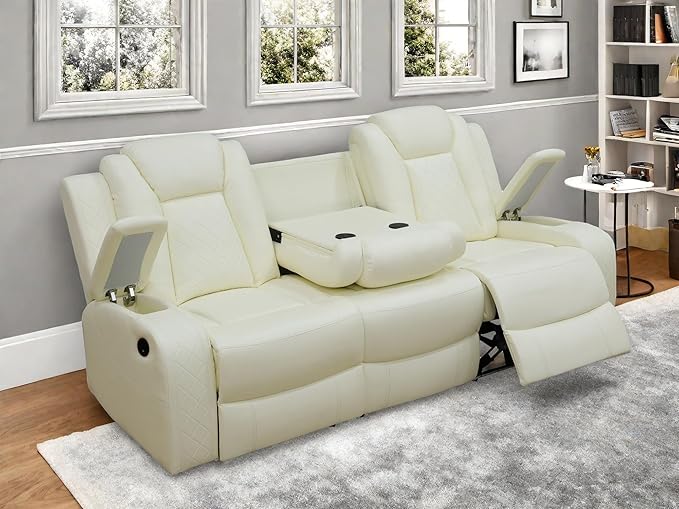 Leather Recliner Sofa Couch, 3-Seater Home Theater Seating Reclining Sofa, Power Reclining Couch with Cup Holders & Drop Down Table for Living Room Furniture Sets, White