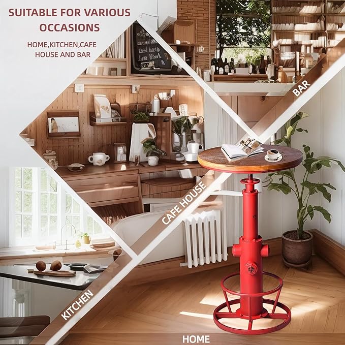 Vintage 38.6-44.4inch Height Adjustable Bar Table Industrial Fire Hydrant Design Pub Tables Farmhouse Cafe Cocktail Desk Rustic Bistro Table Swivel Wooden Top