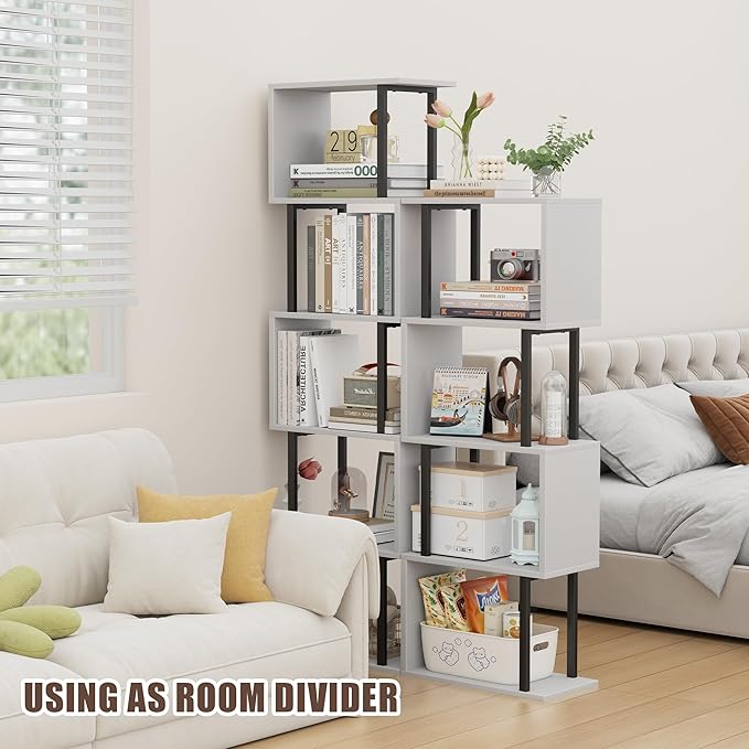 Gadroad 4-Tier Bookshelf, Narrow S-Shaped Geometric Bookcase, Wood Decorative Storage Shelving, Modern Freestanding Display Shelves, Book Shelf Unit for Living Room Bedroom Home Office, White