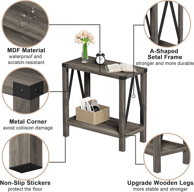 ChooChoo Farmhouse End Table for Small Spaces, Narrow Side End Table with Storage Shelf, Rustic A-Design Nightstand Sofa Table for Living Room, Bedroom (Grey) 2 Pack