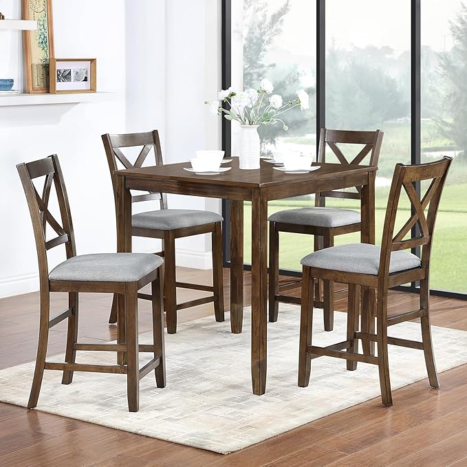KEIKI 5-Piece Counter Height Dining Table Set with Square Table and 4 Upholstered X-Shaped Backrset Chair, for 4 Person, Modern Style Wooden Table Set, Easy Assembly, for Kitchen, Dining Room, Walnut