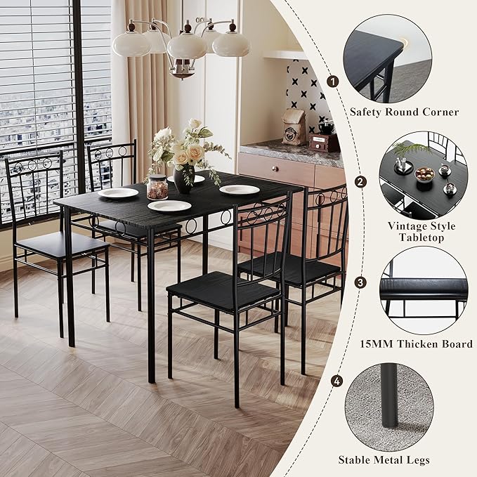 5 Piece Dining Table Set, Modern Metal&Wood Kitchen Dinner Table with 4 Chairs, Dining Room Table Sets for Small Spaces, Black