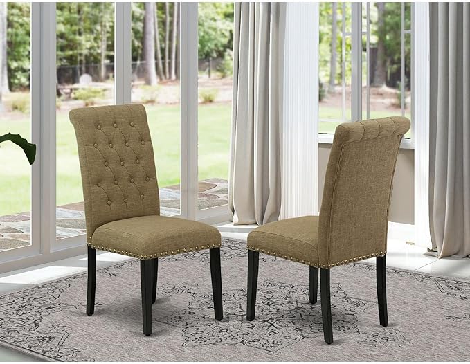 East West Furniture BRP1T17 Bremond Parson Dining Room Chairs - Button Tufted Nailhead Trim Light Sable Linen Fabric Padded Chairs, Set of 2, Black