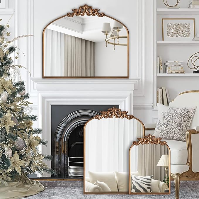 WAMIRRO Ornate Gold Mirror,Vintage Arched Baroque Antique Mirorrs for Living RoomHallwayFireplaceBathroomEntryway 36"X30"