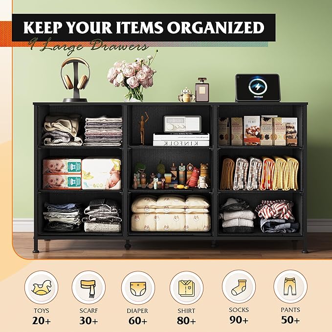 WLIVE 47''W Dresser for Bedroom, Black Dresser TV Stand for 45, 50, 55 inch TV, Wide Chest of Drawers with 9 Drawer, Large Entertainment Center, Fabric Dressers with Wood Top for Closet, Living Room
