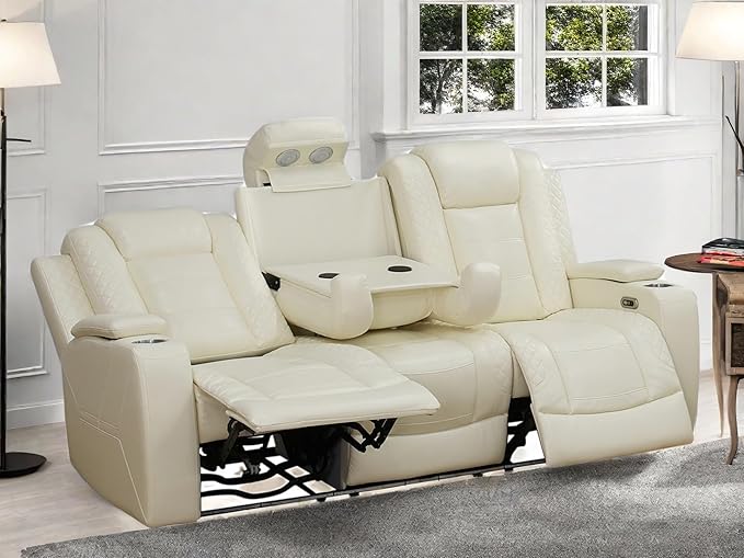 Leather Recliner Sofa Couch, 3-Seater Home Theater Seating Reclining Sofa, Power Reclining Couch with Cup Holders & Drop Down Table for Living Room Furniture Sets, White