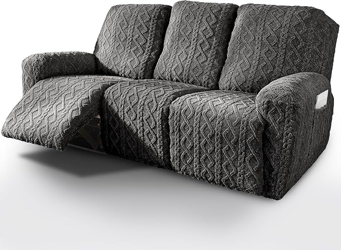 vctops 8 Pieces Geometric Jacquard Plush Recliner Sofa Covers Soft Fuzzy Fluffy 3 Seats Couch Cover Anti-Slip Sofa Slipcover Furniture Protector with Elastic Bottom for Kids Pet(Dark Grey,3 Seat)