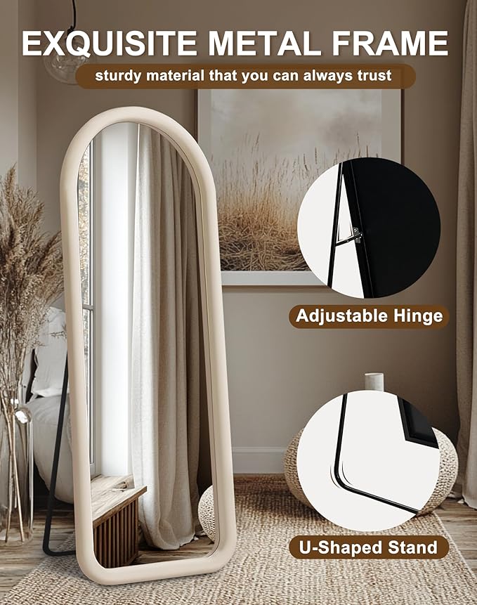 Delma Arched Full Length Mirror, Free Standing Floor Velvet Frame Mirror for Leaning or Hanging, Soft Touch Bedroom & Living Room Decor, Cream White