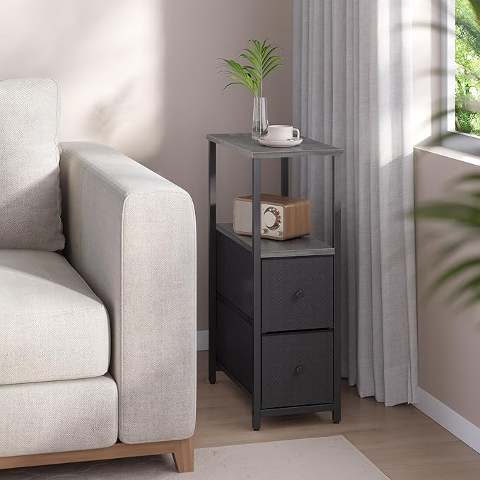 TUTOTAK Small Narrow End Table, Set of 2, Side Table, Nightstand with 2 Cloth Drawers, Couch Table, for Living Room, Bedroom, Bedside, Charcoal Grey TB01BY054
