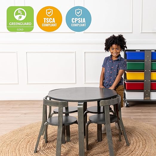ECR4Kids Bentwood Round Table and Curved Back Chair Set, Kids Furniture, Grey Wash, 5-Piece