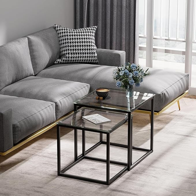Garden 4 you Coffee Table Set of 2, Modern Glass Nesting Table, Metal Frame Square Center Table Set, Side Tables, Nesting Coffee Table for Living Room, Bedroom and Small Spaces, 19.7in Black