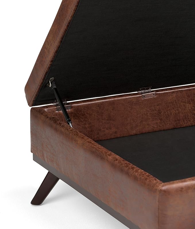 SIMPLIHOME Owen 36 inch Wide Mid Century Modern Square Coffee Table Storage Ottoman in Distressed Saddle Brown Vegan Faux Leather, Assembled, For the Living Room, Entryway and Family Room
