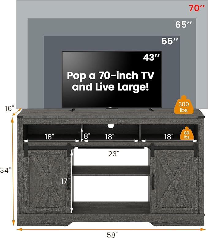 RoyalCraft Farmhouse TV Stand for 23" Fireplace, 34'' Tall Entertainment Center for 65+ Inch TV, 34" Tall Rustic TV Console with Sliding Bar Door for Living Room, Dark Grey